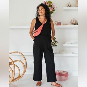 Una Pluma Cremallera Sleeveless Cotton Twill Zip up Belted Romper Jumpsuit M